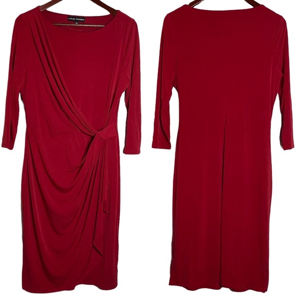 Catherine Malandrino Red Midi Dress Boat Neck Modest Draped Faux Wrap Large L - Picture 1 of 15